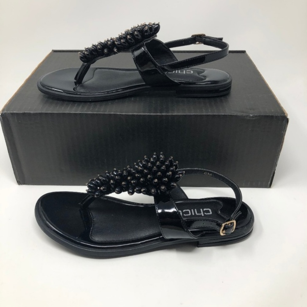 NEW Chico's Black T-Strap Embellished Sandals 6M